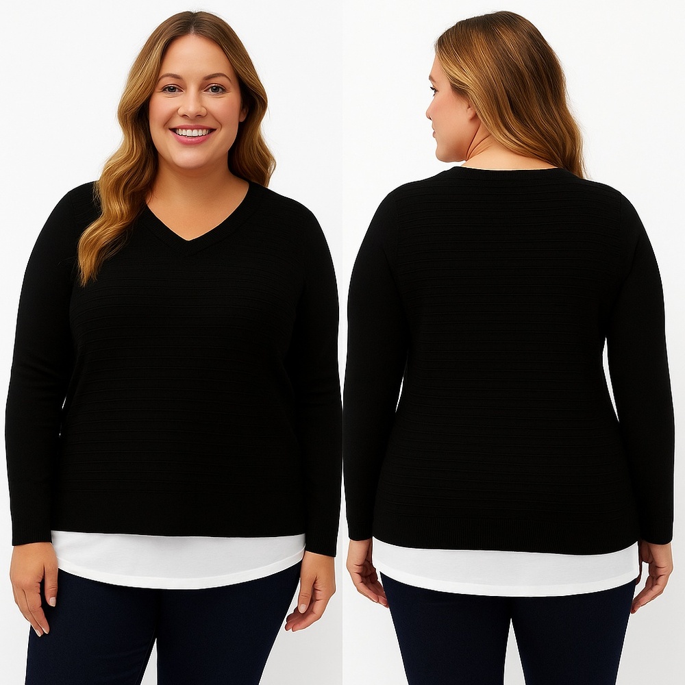 NWT Hilary Radley V-Neck Layered 2fer Sweater – Black – Size XXL